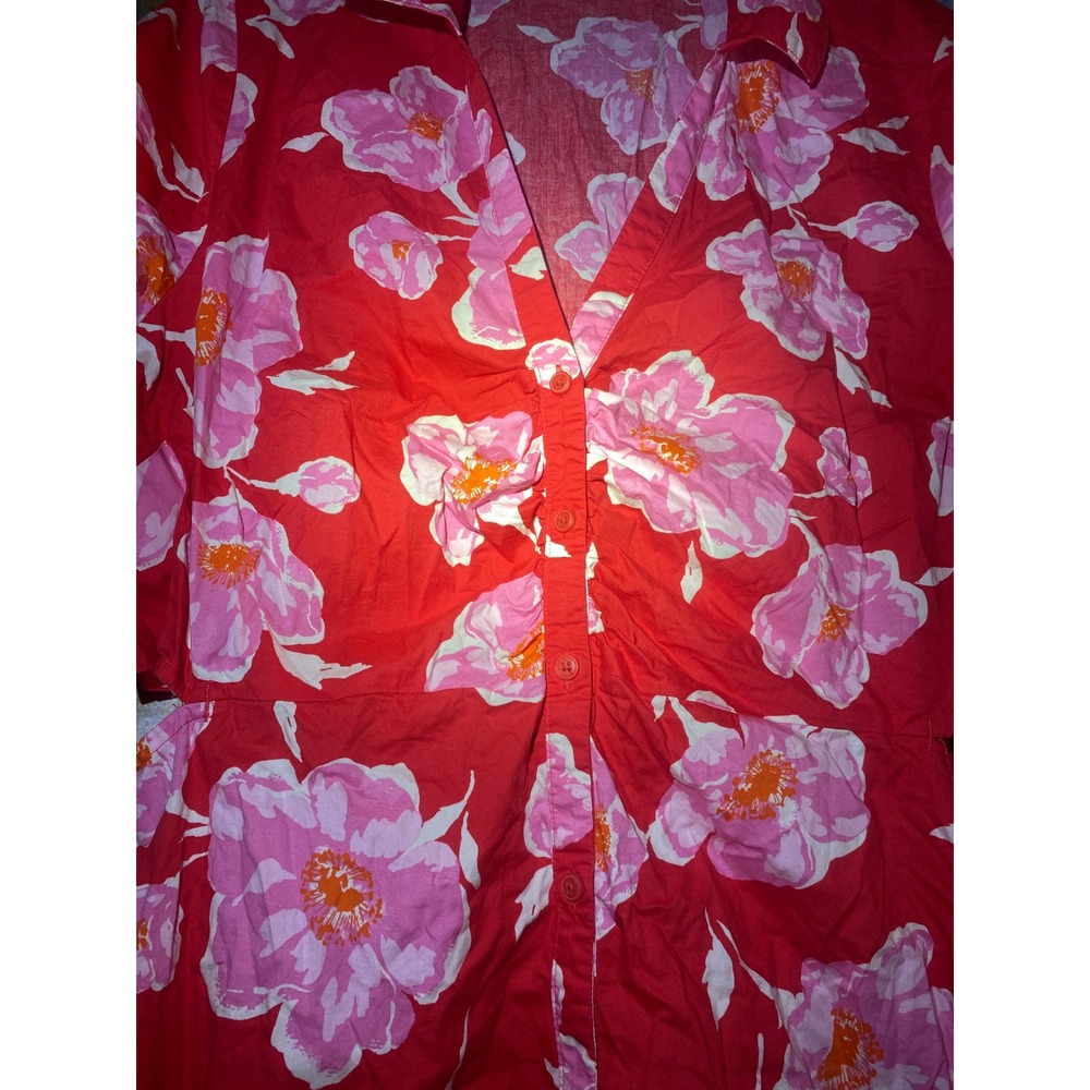 Old Navy Womens XXL Red Pink Floral Cotton Cut-Out Button Front Midi Dress - Picture 2 of 4